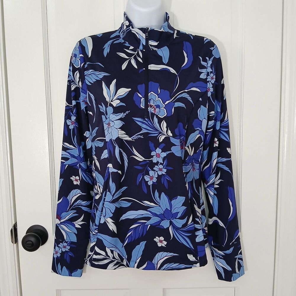 Tommy Bahama Everyday Active 1/4 Zip Pullover Women’s M Blue Floral Thumbholes - Picture 3 of 16
